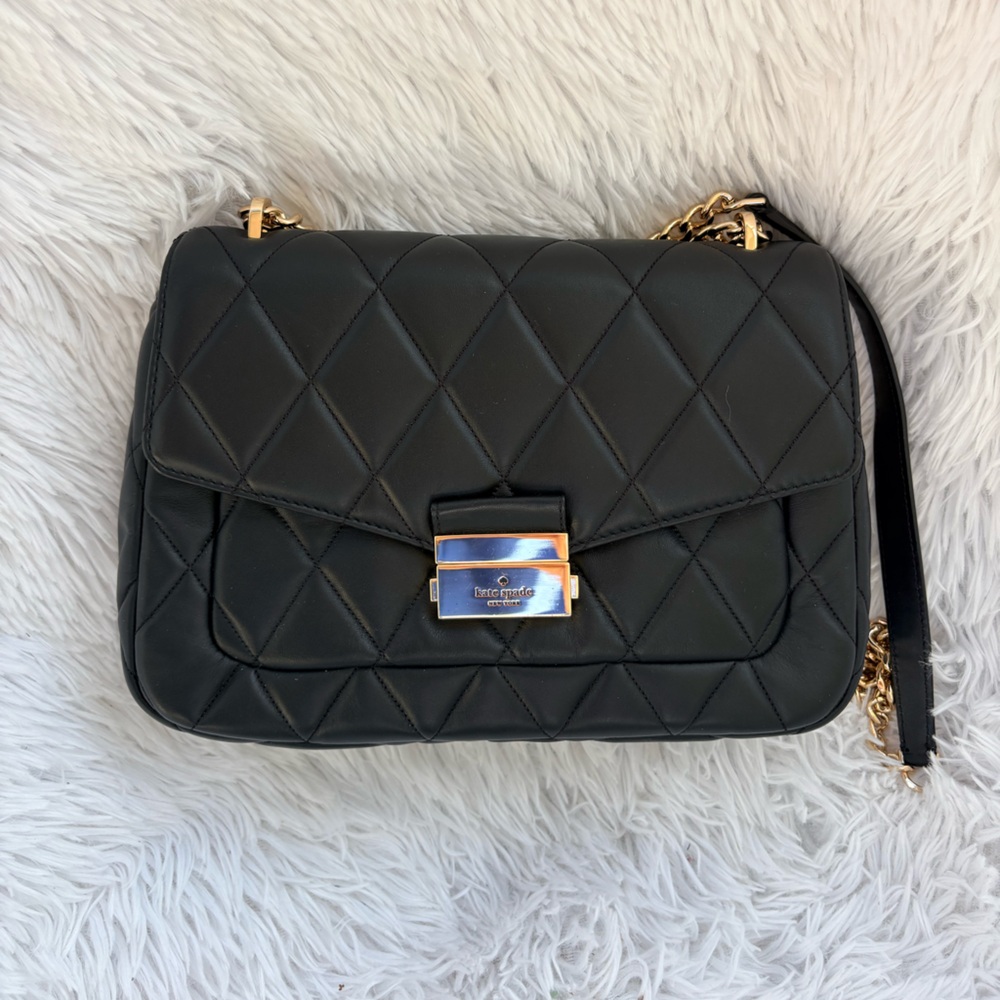 Kate Spade New York Carey Quilted Black Leather medium flap Chain Shoulder Bag